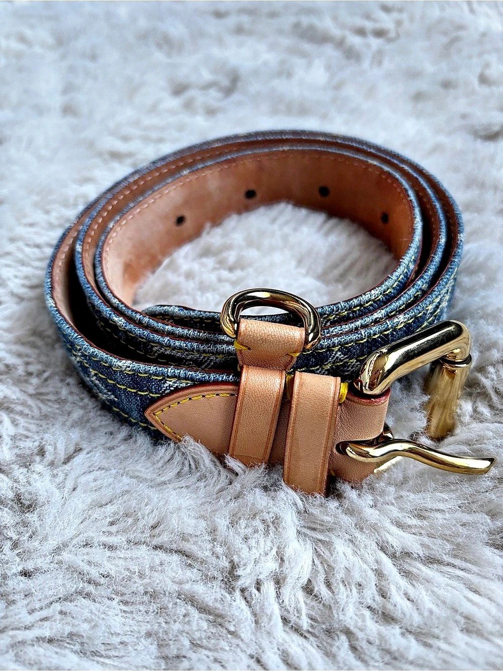 Louis Vuitton Monogram Denim Belt Vachetta Gold Buckle 90/36 Made in France 2006